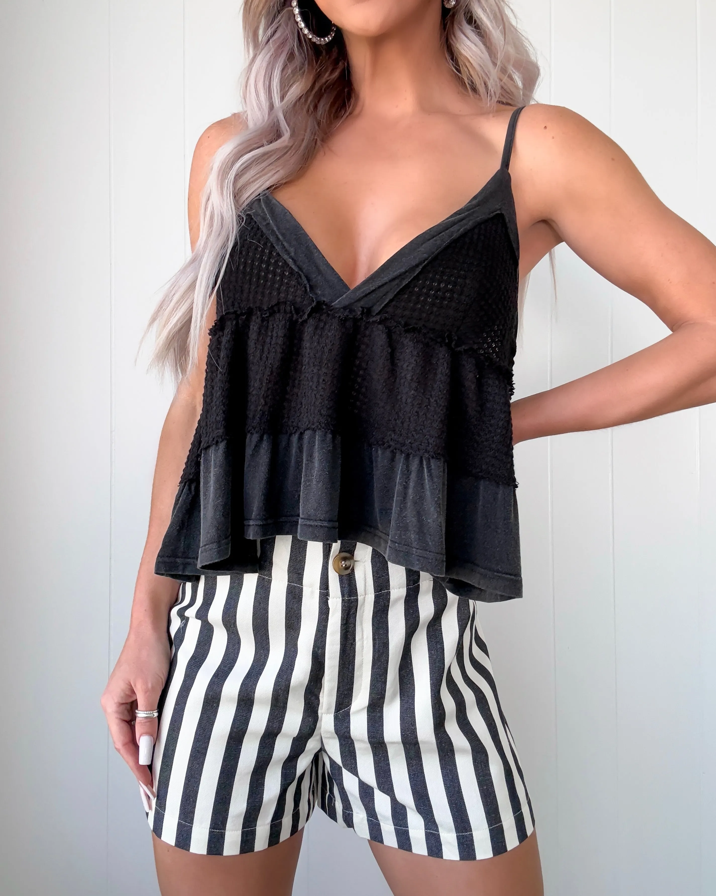 Vintage Vibes Gestreifte Shorts - Schwarz