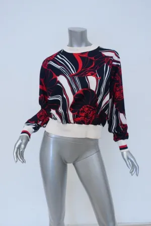 Warmer Navy/Rot Blumenmuster Stretch-Polyester Größe 1 Crewneck Pullover