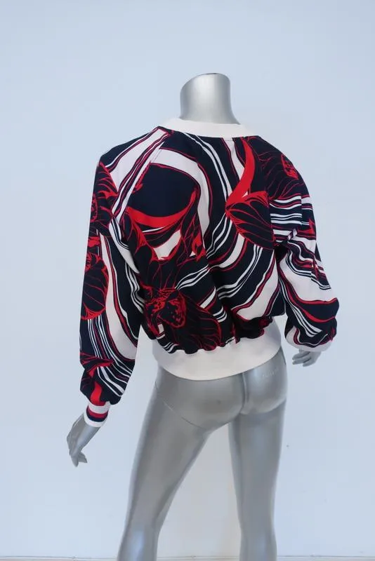Warmer Navy/Rot Blumenmuster Stretch-Polyester Größe 1 Crewneck Pullover