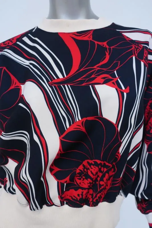 Warmer Navy/Rot Blumenmuster Stretch-Polyester Größe 1 Crewneck Pullover