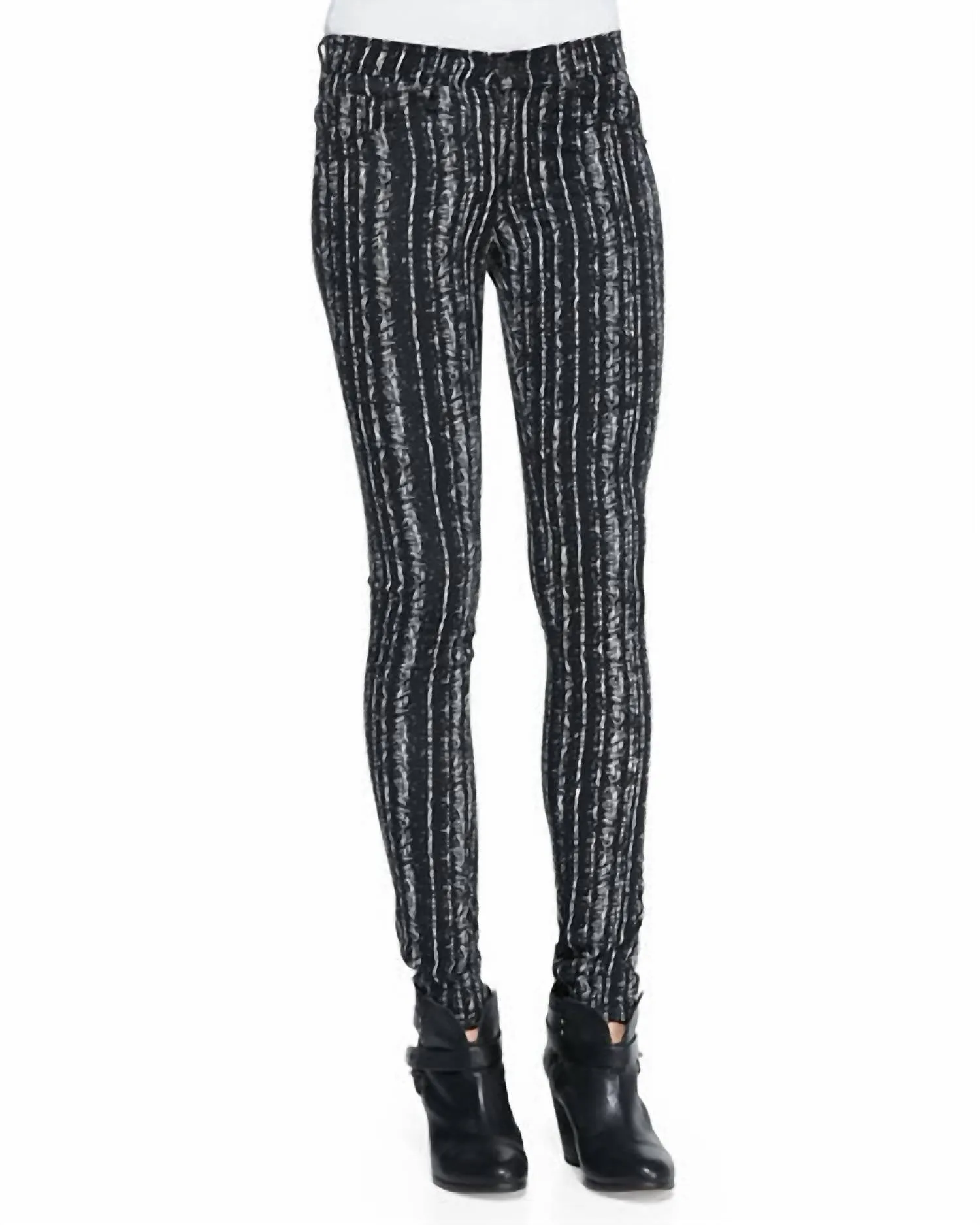 Damen Skinny Jeans Leggings mit Barcode-Print in Schwarz/Weiß, mittelhoher Bund