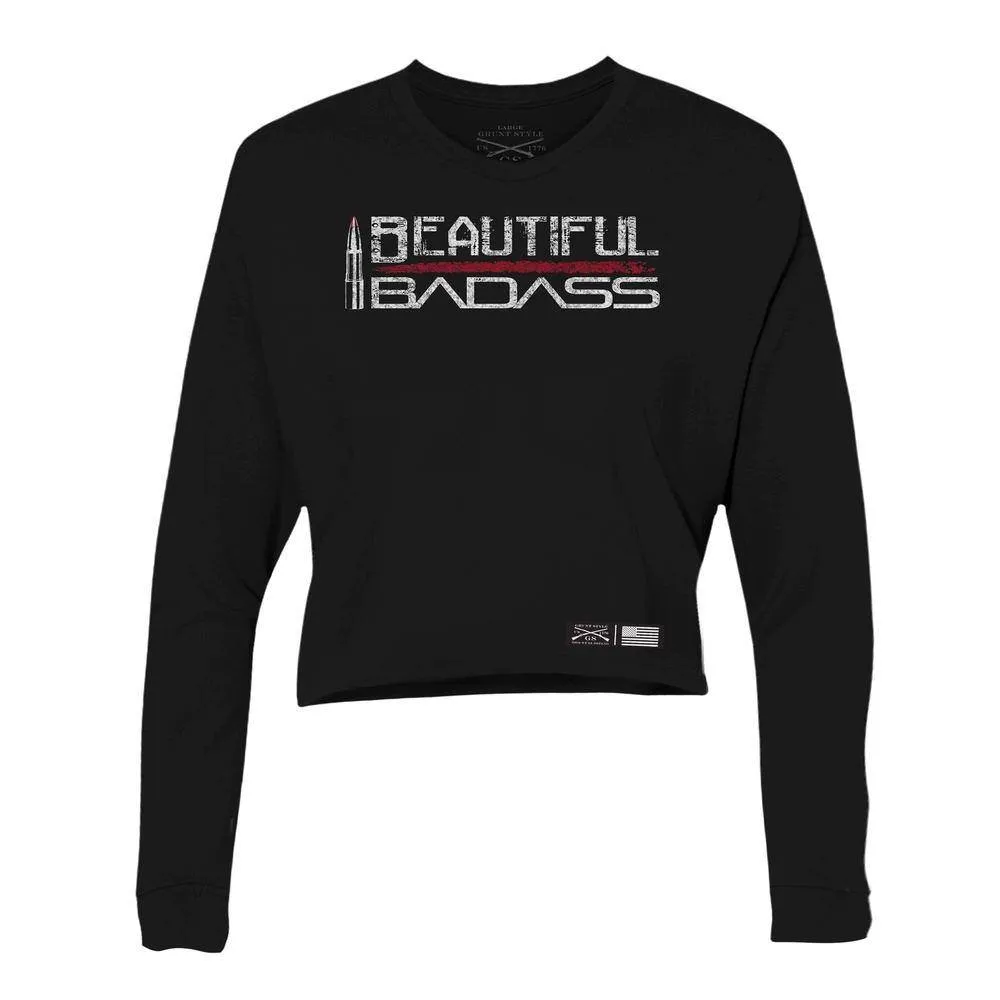 Frauen Schickes Badass Langarm Crop-T-Shirt - Schwarz