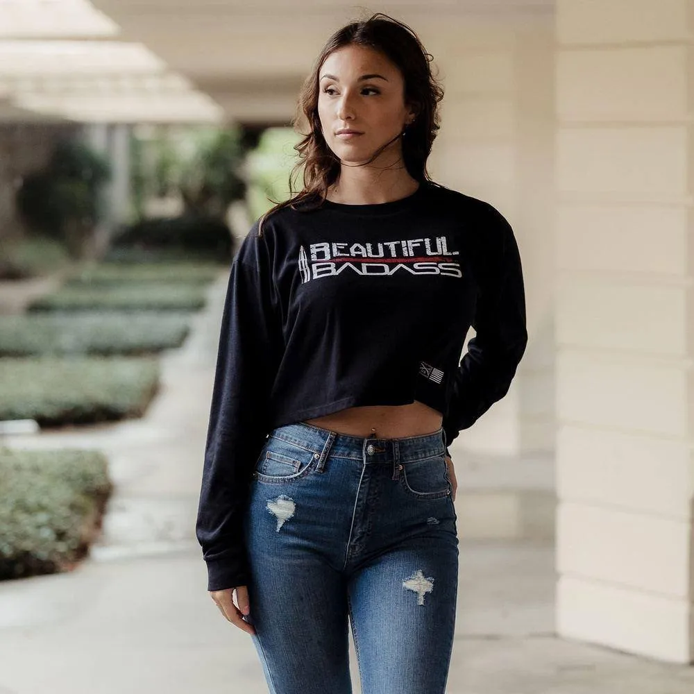 Frauen Schickes Badass Langarm Crop-T-Shirt - Schwarz