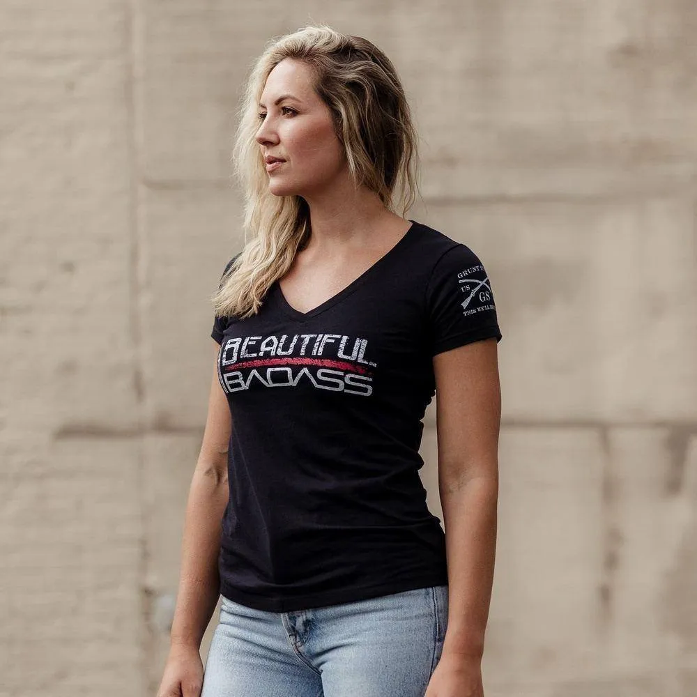 Frauen Schickes Badass V-Ausschnitt T-Shirt - Schwarz