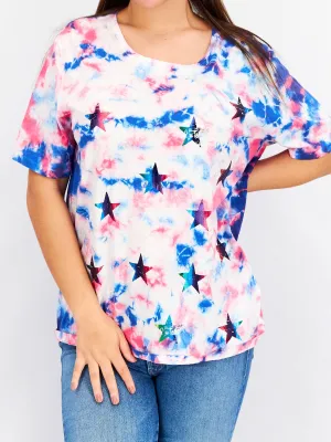 Damen T-Shirt mit Sternen-Print und Tie-Dye-Muster, Mehrfarbig