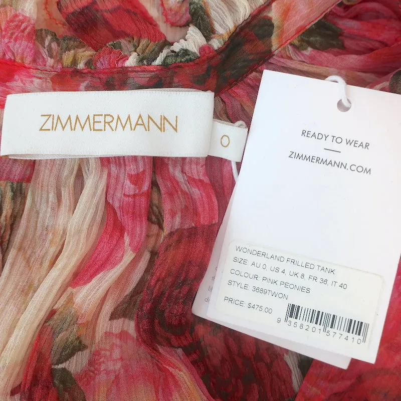 Zimmermann Wonderland Rüschen-Tanktop Pink Pfingstrosen-Print Chiffon Größe 0 NEU